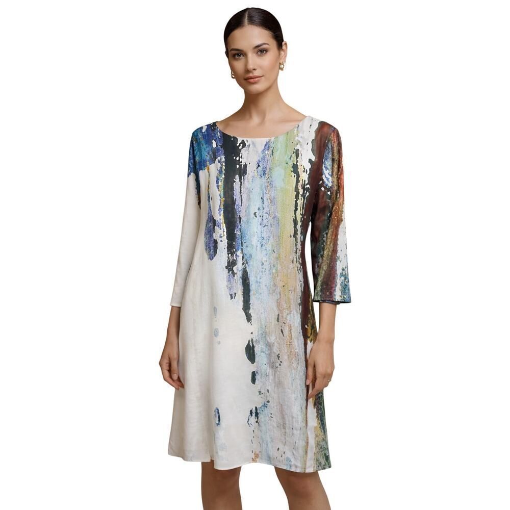 LE GALERISTE Women's Wearable Art 3/4 Sleeve Shift Dress White Size Large
